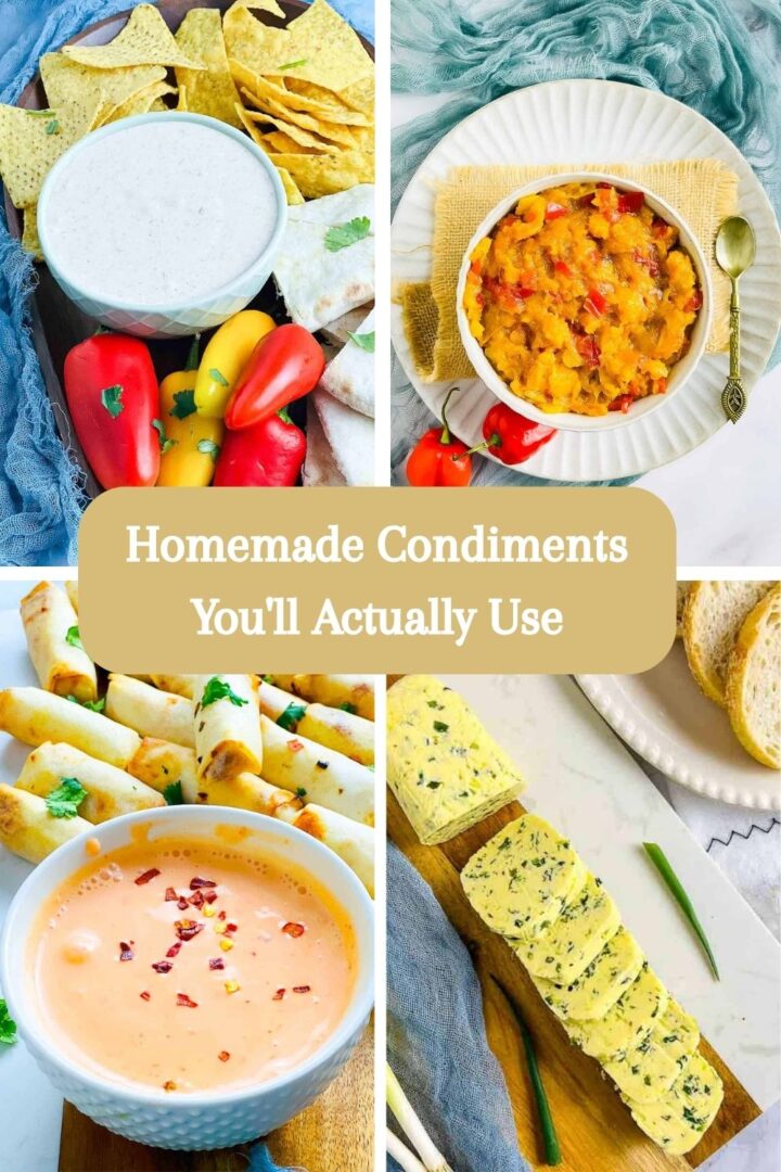 A four-image collage of homemade condiments.