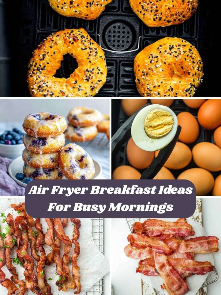 This image is a 5-panel food collage focused on breakfast, overlaid with a green banner reading "Air Fryer Breakfast Ideas".