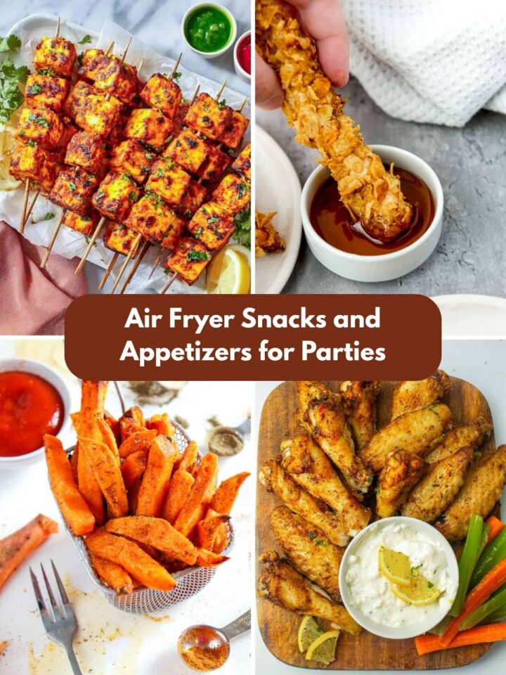 A four-image collage of air frye appetizers.
