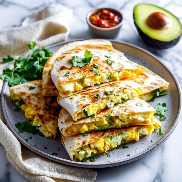 A stack of sliced breakfast quesadillas filled with scrambled eggs, avocado, and cheese, garnished with cilantro, and served with salsa on the side.