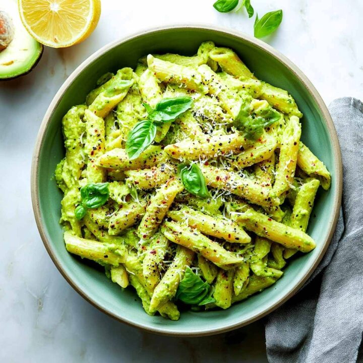 Pasta with avocado pesto, basil, and cheese in a green bowl.