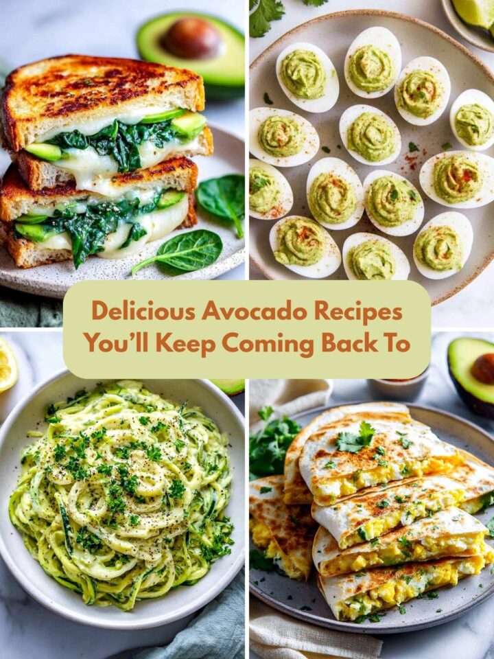 Four image collage of avocado recipes.
