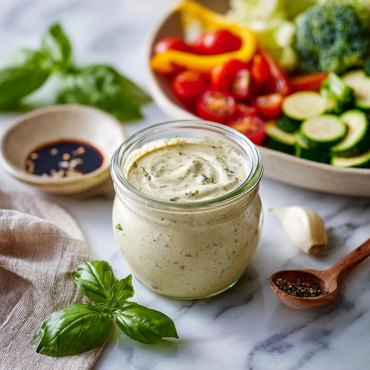 A jar of creamy balsamic and basil Greek yogurt marinade, surrounded by fresh basil leaves, garlic, peppercorns, and a bowl of raw vegetables.