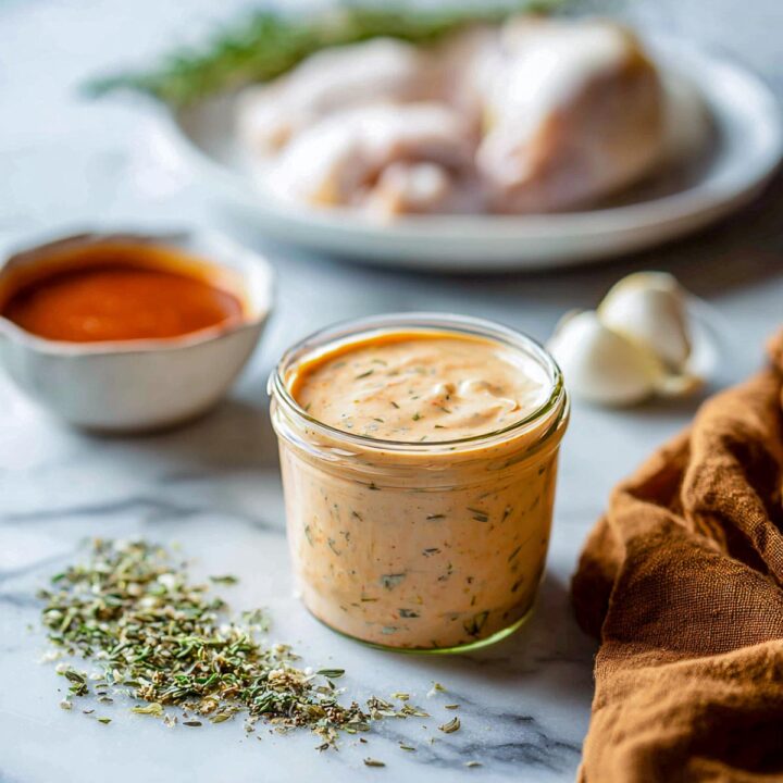 A jar of BBQ ranch greek yogurt marinade on a marble surface.