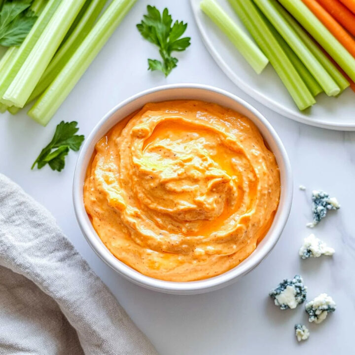An overhead shot of a bowl of creamy, orange buffalo Greek yogurt dip, swirled with hot sauce. The dip is surrounded by crisp celery sticks, carrot sticks, parsley leaves, and crumbles of blue cheese.