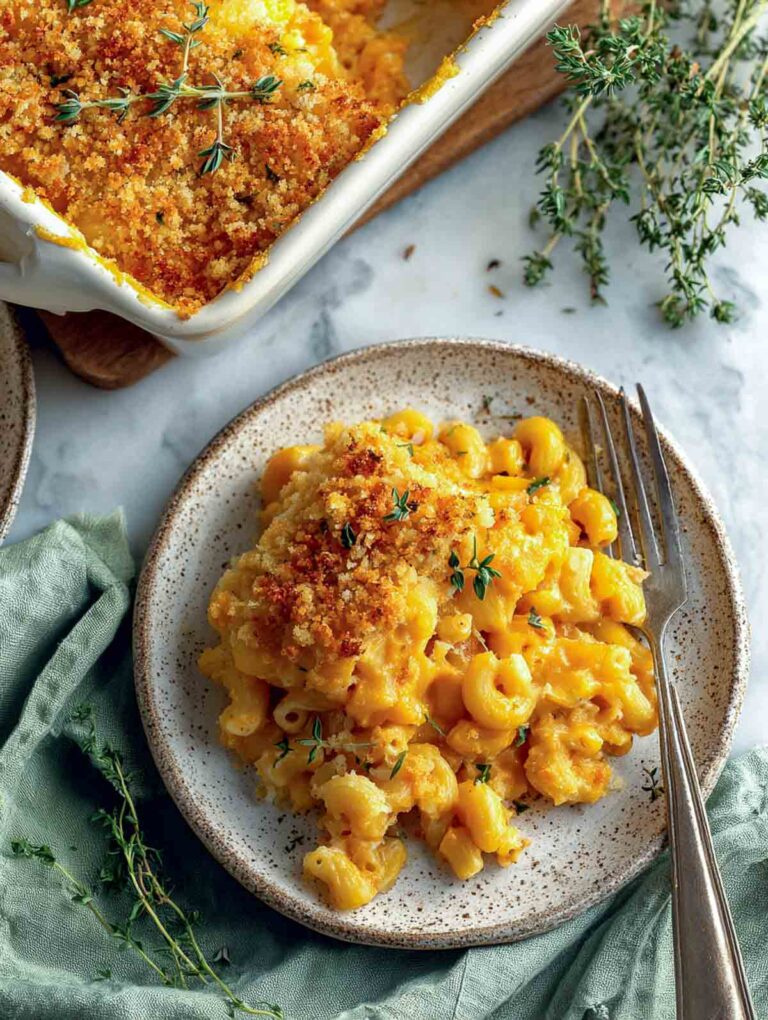 Serving of baked butternut squash mac and cheese on rustic plate with thyme.