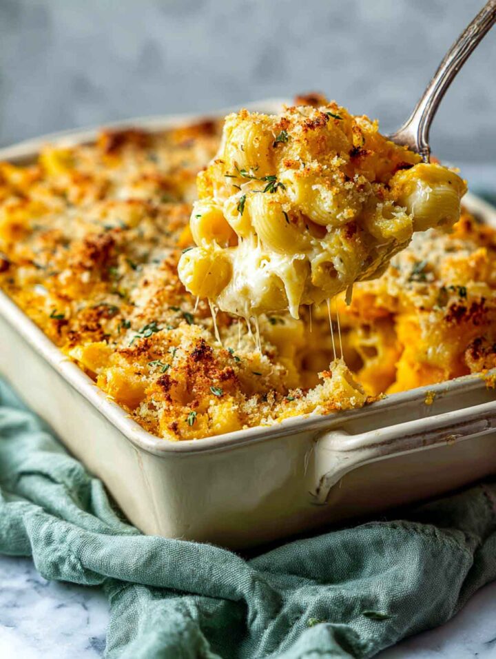 Spoon lifting creamy baked butternut squash mac and cheese from rectangular casserole dish.