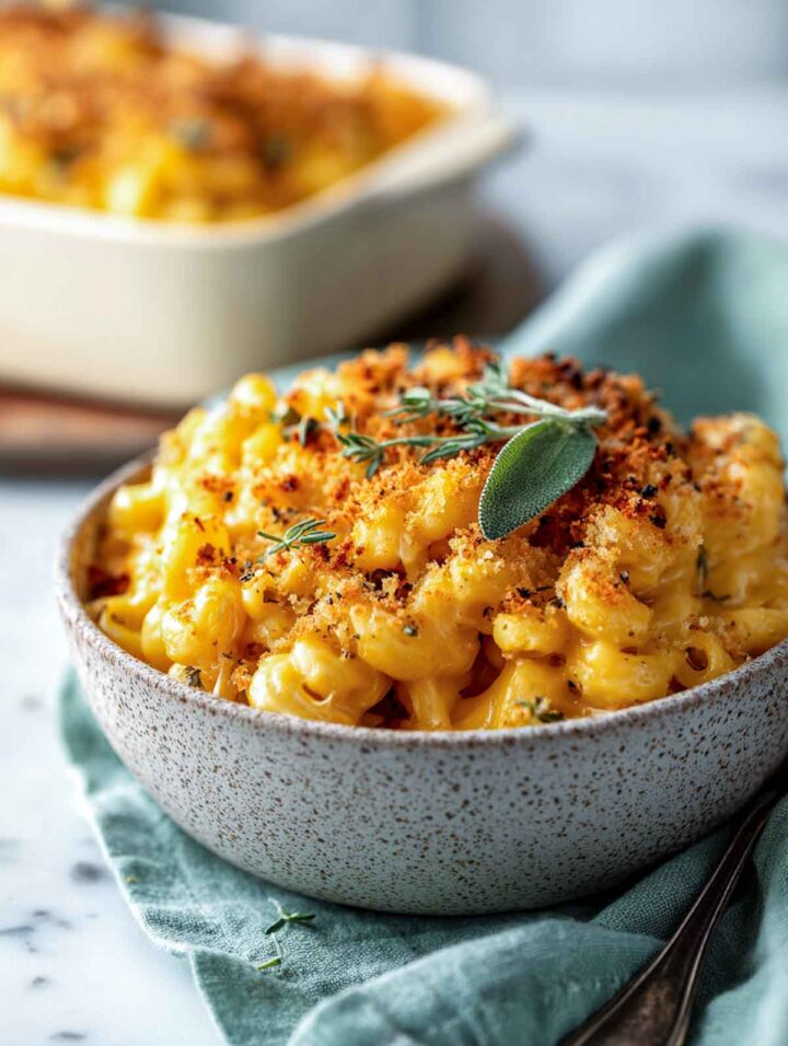 Close-up of butternut squash mac and cheese in stoneware bowl with crispy topping.