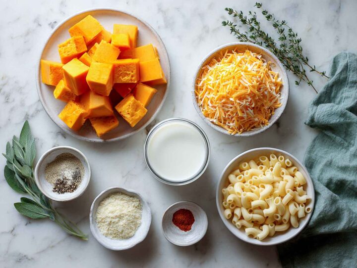 Flat lay of ingredients for butternut squash mac and cheese on marble with sage napkin.