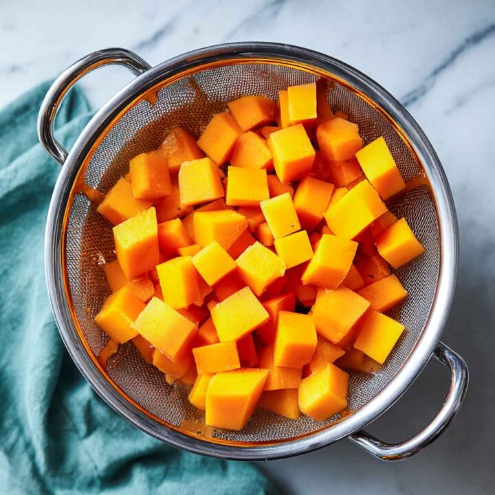 Steamed butternut squash cubes in metal colander over marble surface with green napkin.