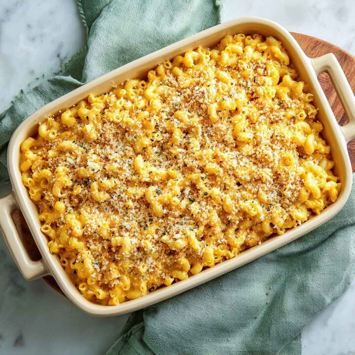 Rectangular baking dish filled with mac and cheese topped with breadcrumbs before baking.