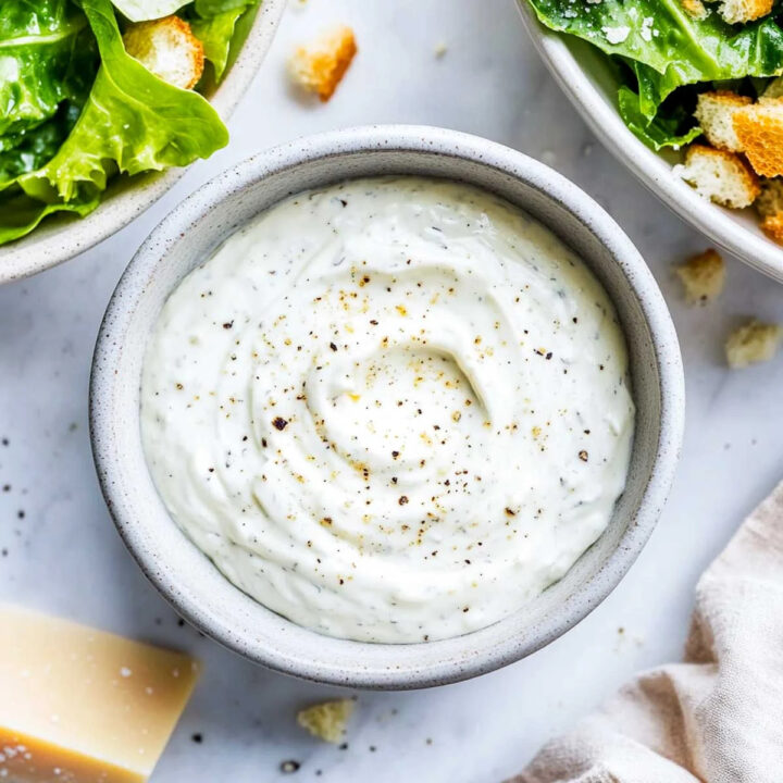 A bowl of thick, creamy Greek yogurt Caesar dressing sprinkled with pepper, served next to bowls of Caesar salad and a wedge of Parmesan cheese.