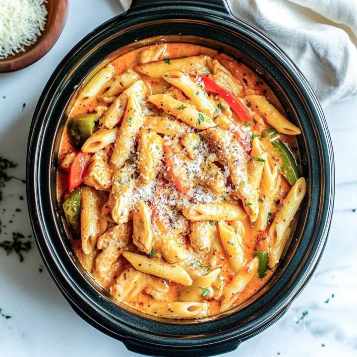Cajun chicken penne pasta with red and green peppers, topped with cheese, in a slow cooker.