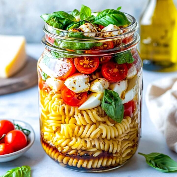 Caprese pasta salad layered inside a glass jar, showing rotini pasta, mozzarella balls, cherry tomatoes, and fresh basil leaves drizzled with balsamic glaze.