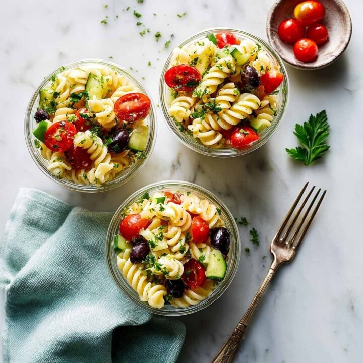 Three small glass cups filled with cold spiral pasta salad, tossed with chopped cherry tomatoes, cucumber slices, and black olives, and garnished with parsley.