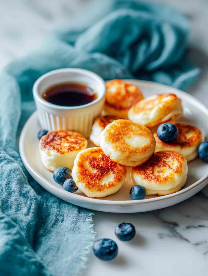 Mini cottage cheese pancake bites on plate with blueberries and syrup.
