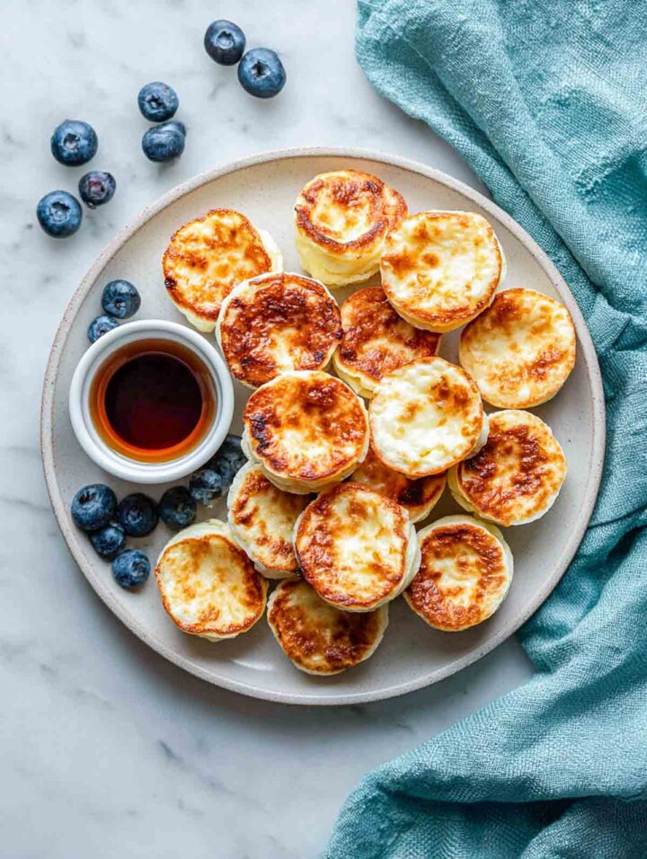 Golden cottage cheese pancake bites arranged on plate with blueberries and syrup.