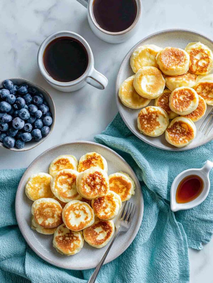 Breakfast table with cottage cheese pancake bites, coffee cups, syrup, and berries.