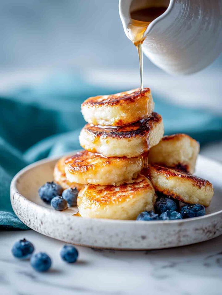 Mini cottage cheese pancake bites on plate with blueberries and syrup.