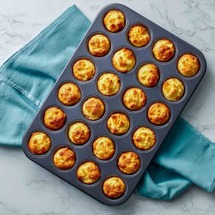 Freshly baked cottage cheese pancake bites in a 24-cup mini muffin pan.