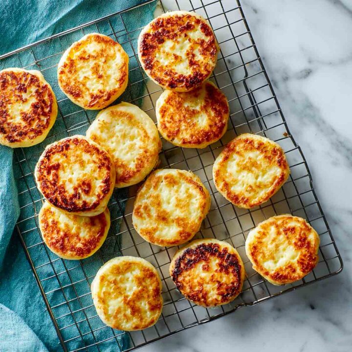 Golden cottage cheese pancake bites cooling on wire rack over marble surface.