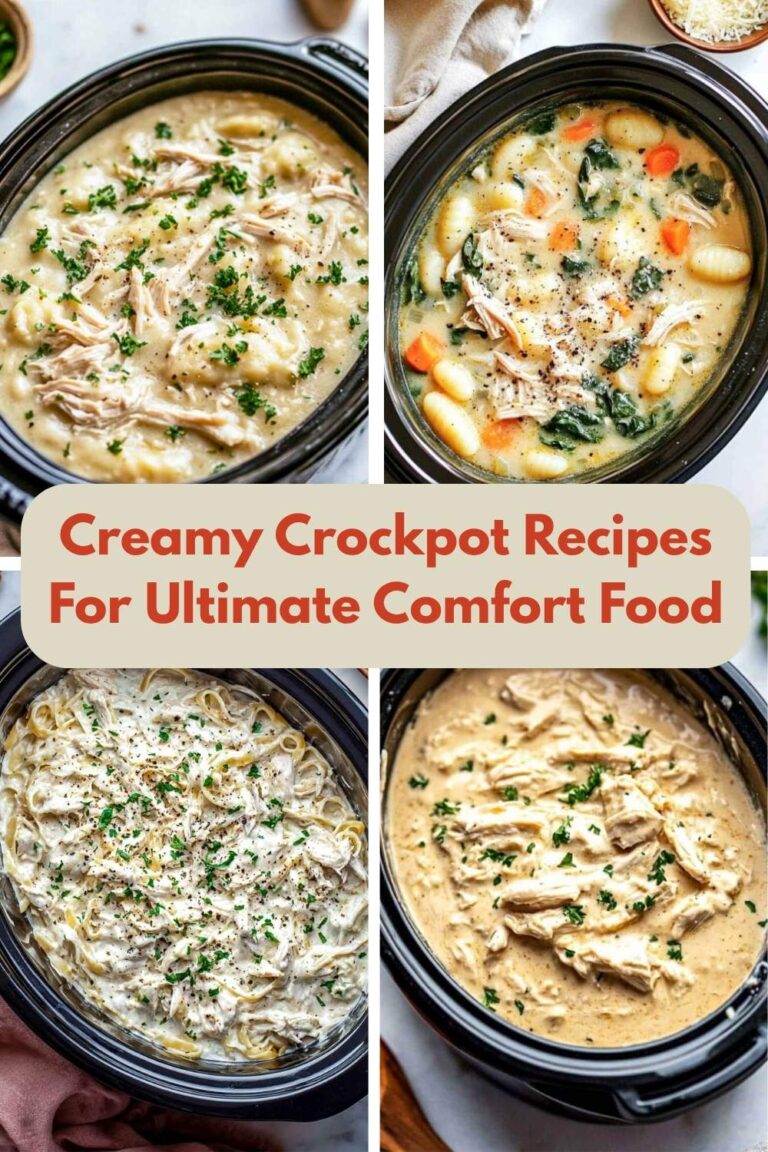 A four-image collage of creamy crockpot recipes.