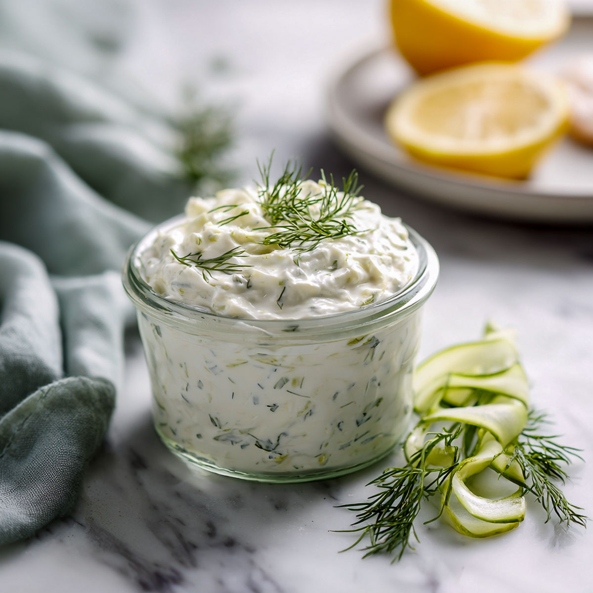 A small jar of tzatziki style marinade placed on a marble surface.