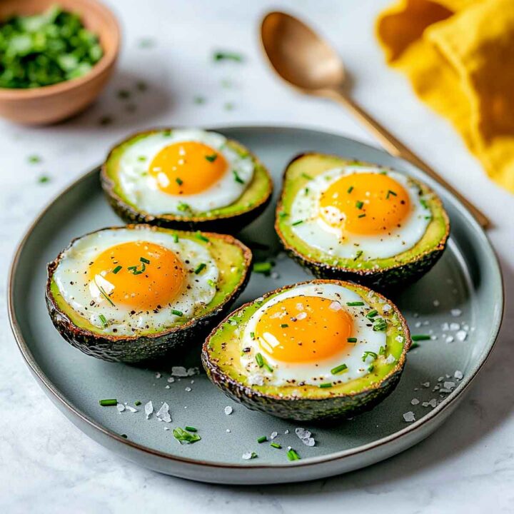 Four baked eggs nestled in avocado halves, seasoned with salt, pepper, and fresh chives, and served on a gray plate.