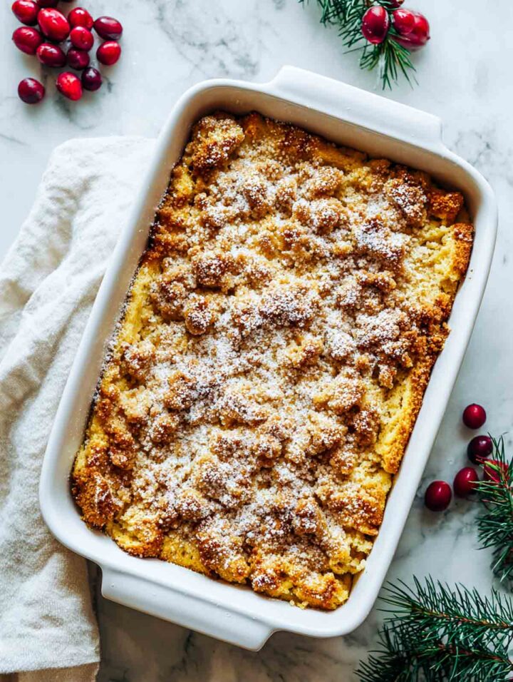 Eggnog French toast casserole baked golden with cinnamon streusel in white dish.
