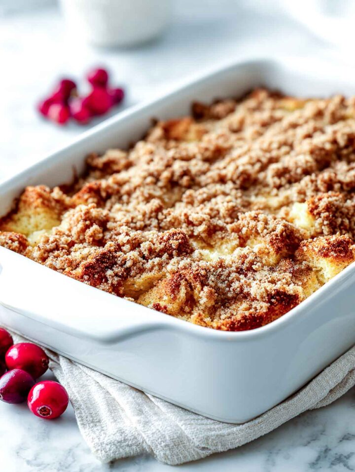 Angled view of eggnog French toast casserole showing crisp cinnamon streusel top.