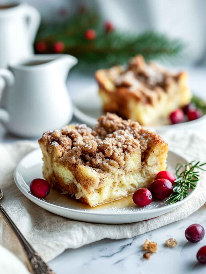 Slice of eggnog French toast casserole served with rosemary and cranberries.