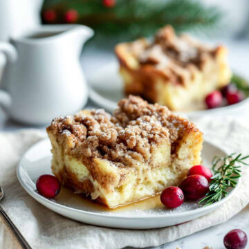 Closeup of eggnog French toast casserole served on a white plate.