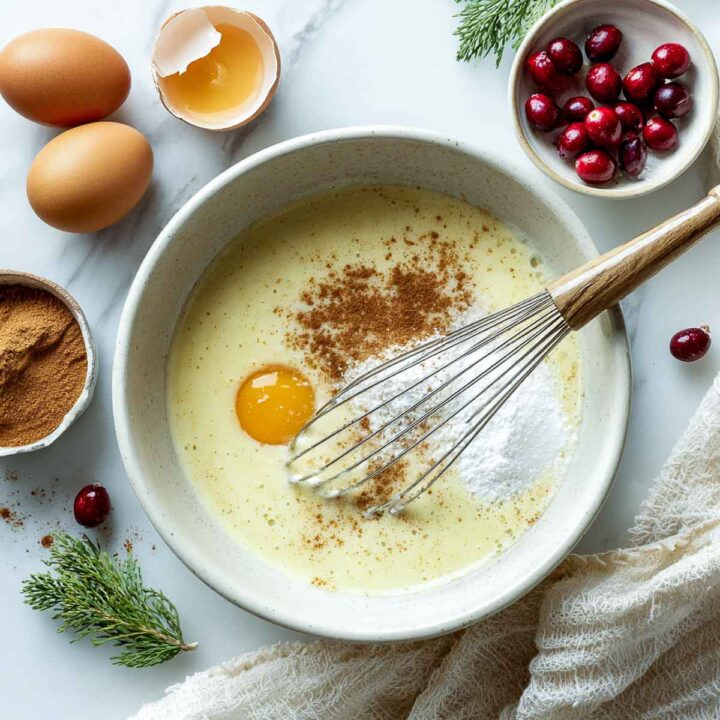 Eggnog custard mixture with spices and whisk in bowl for French toast casserole.