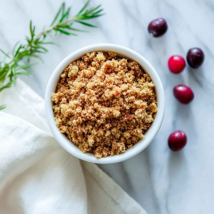 Cinnamon streusel mixed in bowl for topping the eggnog French toast casserole.