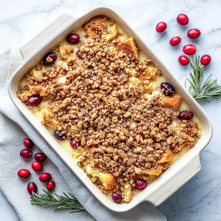 Unbaked eggnog French toast casserole topped with streusel in cream casserole dish.