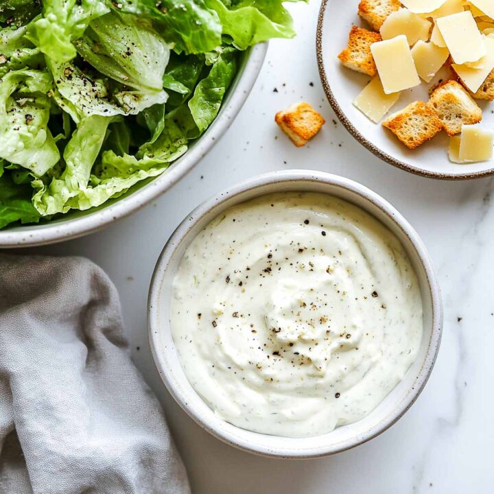 A bowl of Parmesan Greek yogurt dressing on a white marble surface.