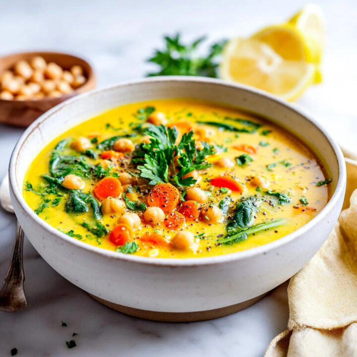 Bowl of golden turmeric chickpea soup with spinach and sliced carrots, garnished with fresh parsley.