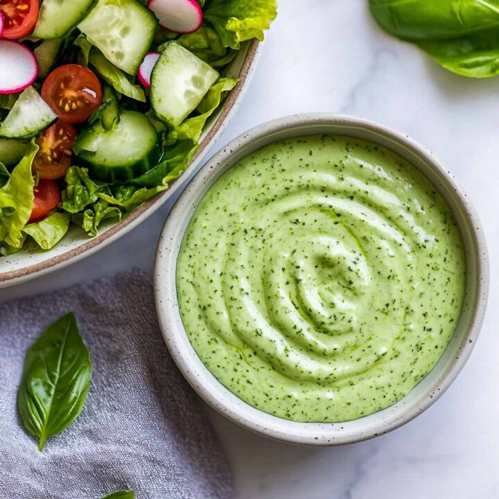 A bowl of thick, creamy green goddess Greek yogurt dressing, swirled with herbs, placed next to a mixed green salad.