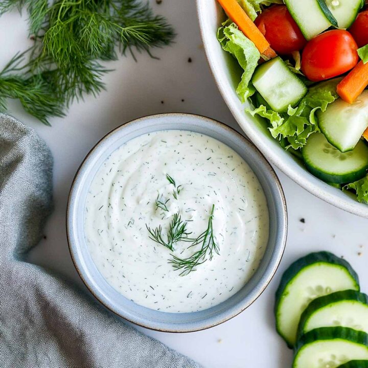 A small bowl of creamy Greek yogurt ranch dressing garnished with fresh dill, served next to a fresh garden salad.