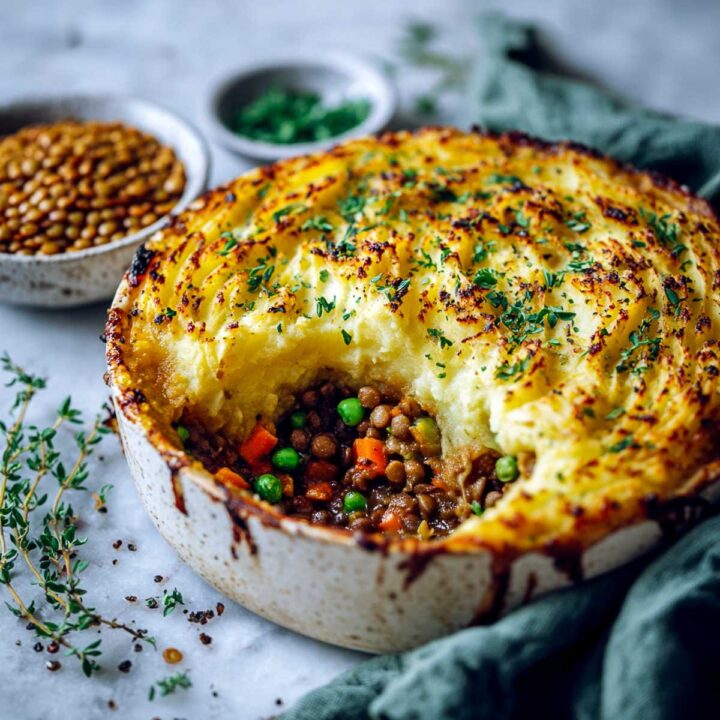 Vegan lentil and onion shepherd's pie with a mashed topping in a baking dish.