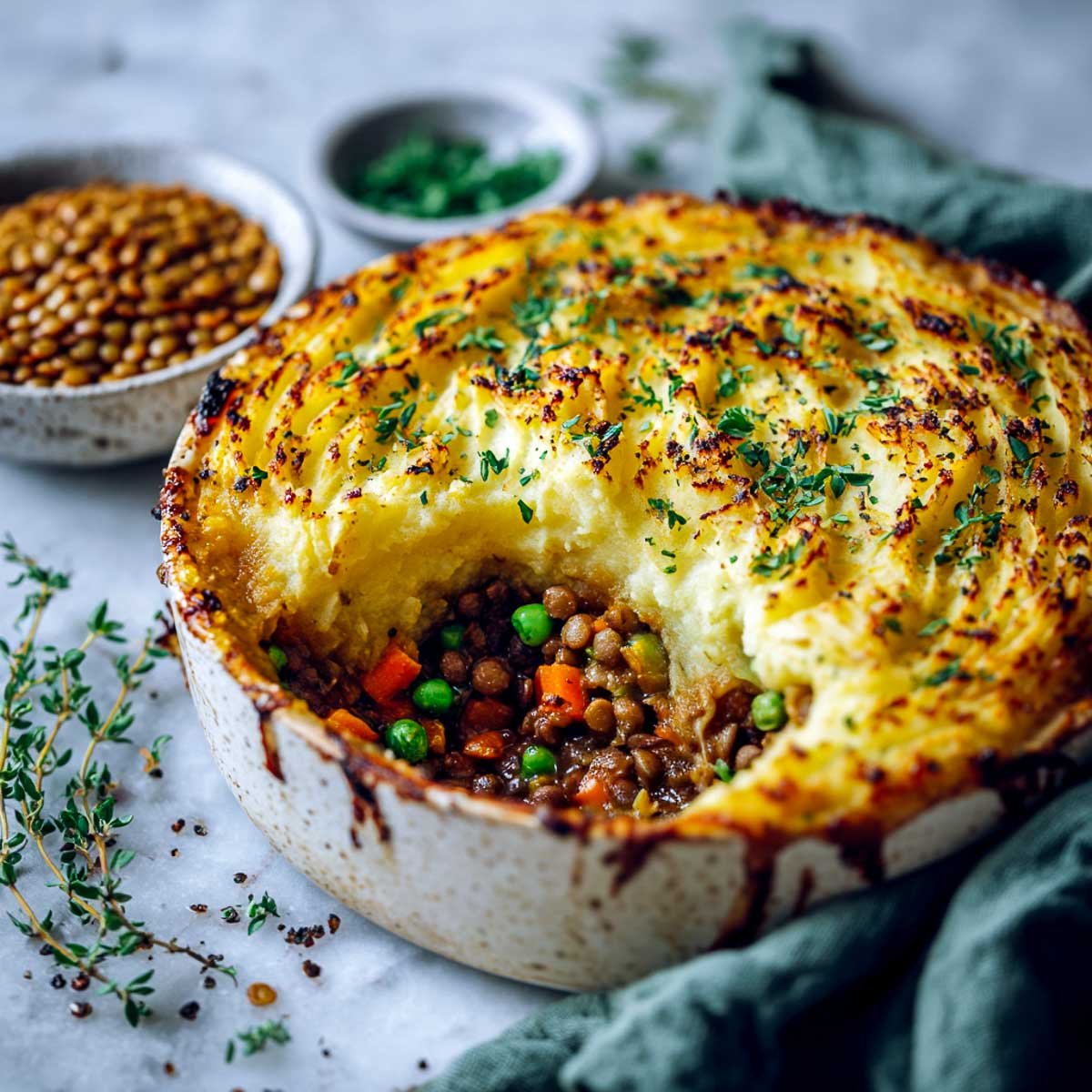 Close-up of a vegetarian lentil shepherd's pie with a golden-brown mashed potato crust and a filling of lentils, carrots, and peas.