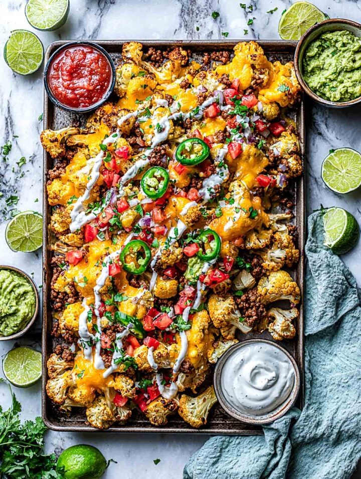 Baking tray of high protein loaded cauliflower nachos with melted cheese, jalapeños, diced tomatoes, and sour cream drizzle, surrounded by guacamole and salsa bowls on a white marble background.