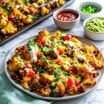 Close up of plated loaded cauliflower nachos topped with melted cheese, ground turkey, tomatoes, jalapeños, and sour cream on a marble surface with guacamole and salsa bowls beside.