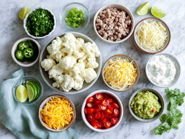 Top-down view of ingredients including cauliflower florets, raw ground turkey, shredded cheeses, tomatoes, jalapeños, scallions, sour cream, guacamole, and limes on marble surface.