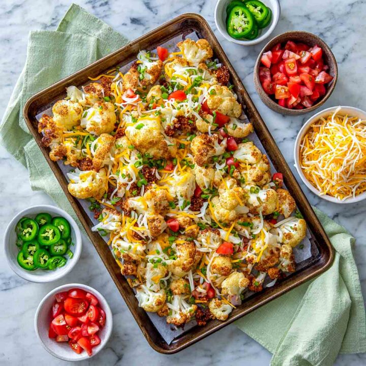 Tray of assembled loaded cauliflower nachos before baking, with roasted cauliflower, browned turkey, shredded cheese, tomatoes, and jalapeños on marble surface.