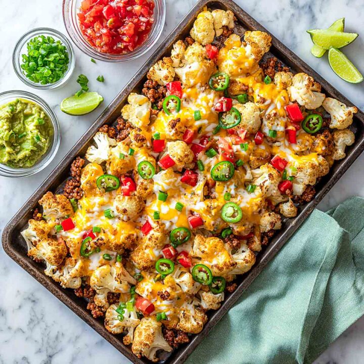 Tray of freshly baked cauliflower nachos with melted cheese, tomatoes, and jalapeños, surrounded by bowls of guacamole, salsa, and lime wedges on marble surface.