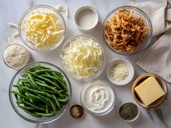 Top-down view of measured ingredients for loaded green bean casserole recipe.