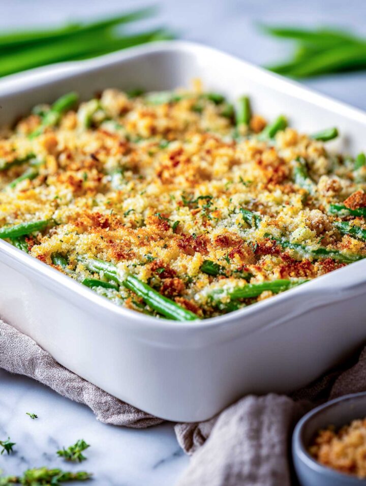 Crispy garlic butter crumb topping over a creamy baked green bean casserole.
