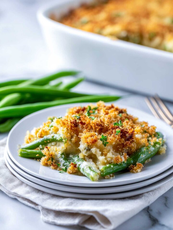 Plated serving of creamy green bean casserole with crunchy garlic crumb topping.