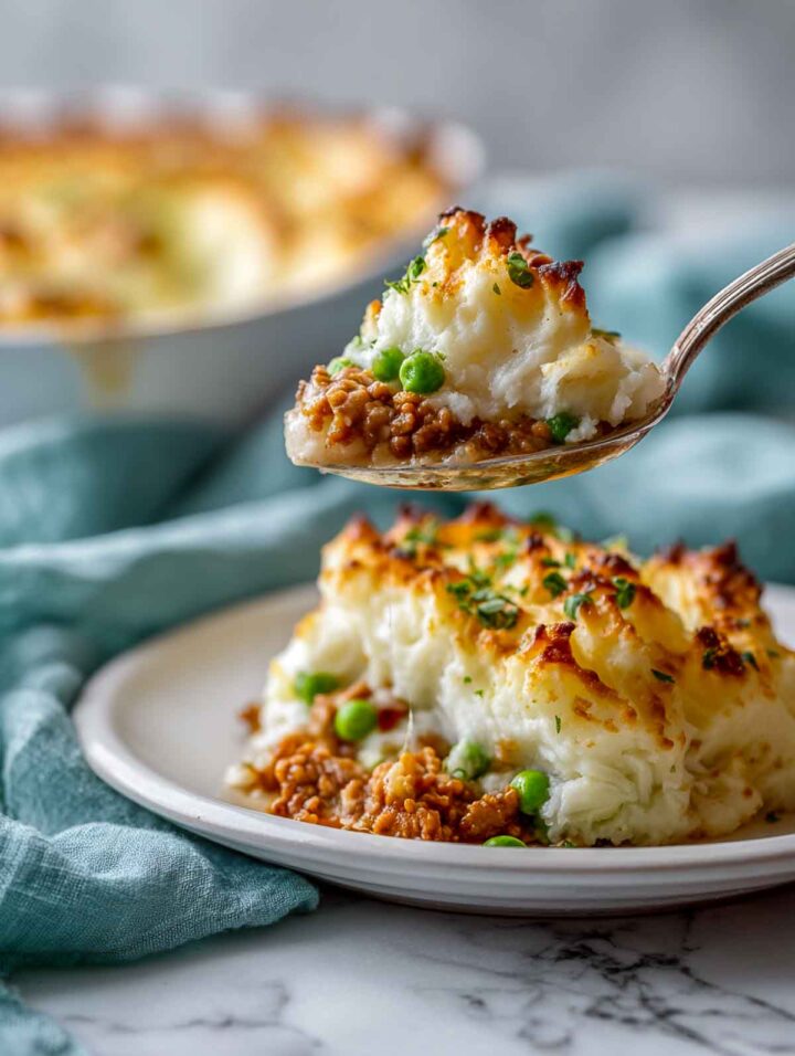 Spoonful of low-carb cottage pie with golden cauliflower mash topping and turkey filling on plate, muted teal linen in background.